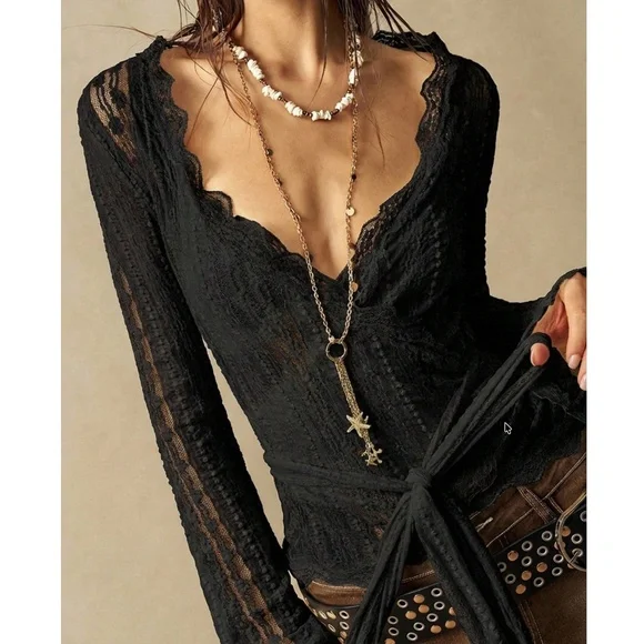 Boho Floral Lace V neck Semi Sheer Long Sleeve Flare Top - Picture 8 of 9